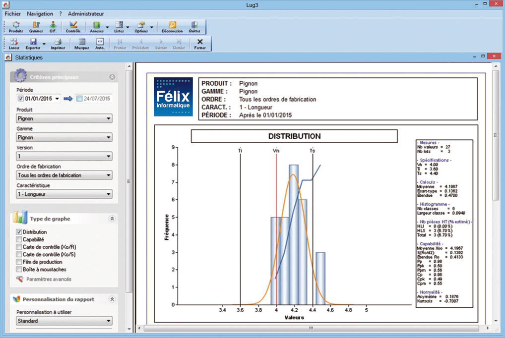Traitements statistiques appliquées au contrôle qualité dans le logiciel Lug3 : distribution.