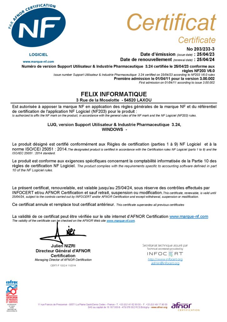 certificat NF 203 LUG